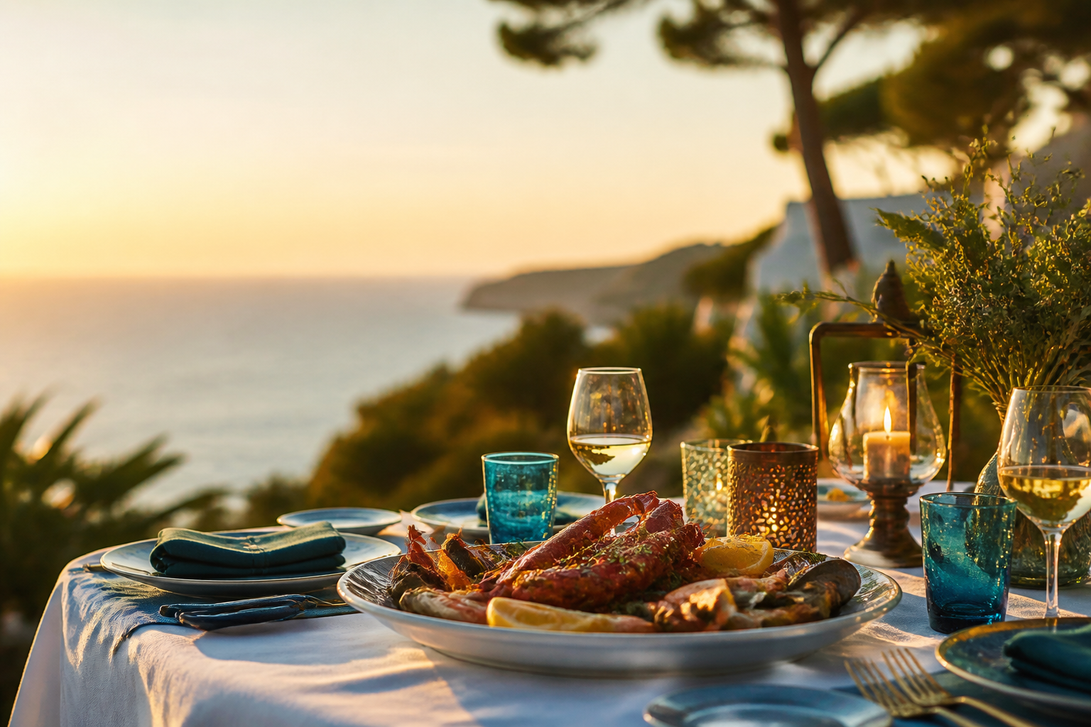 Tavola elegante di pesce al tramonto con tovagliato dai toni del mare